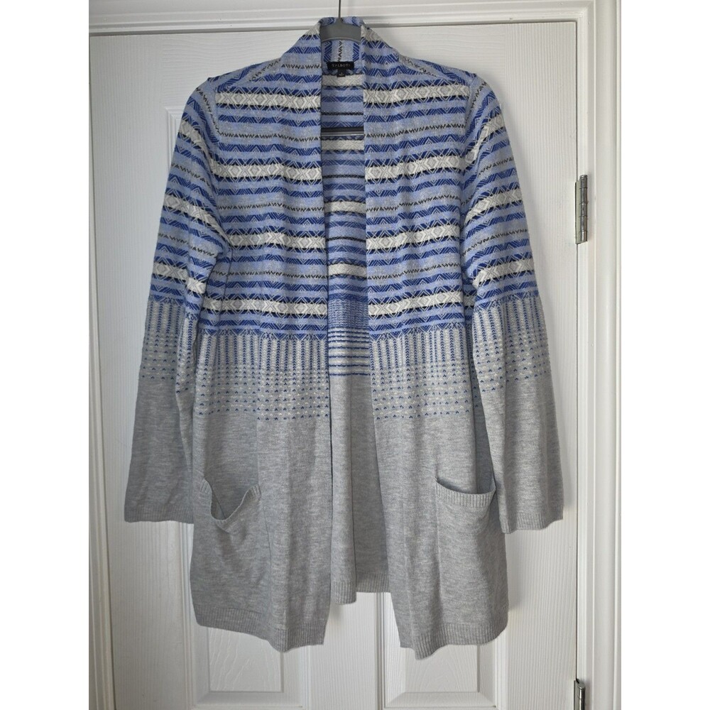 Talbots Lambswool Fair Isle Grey Blue Knit Open Cardigan Large